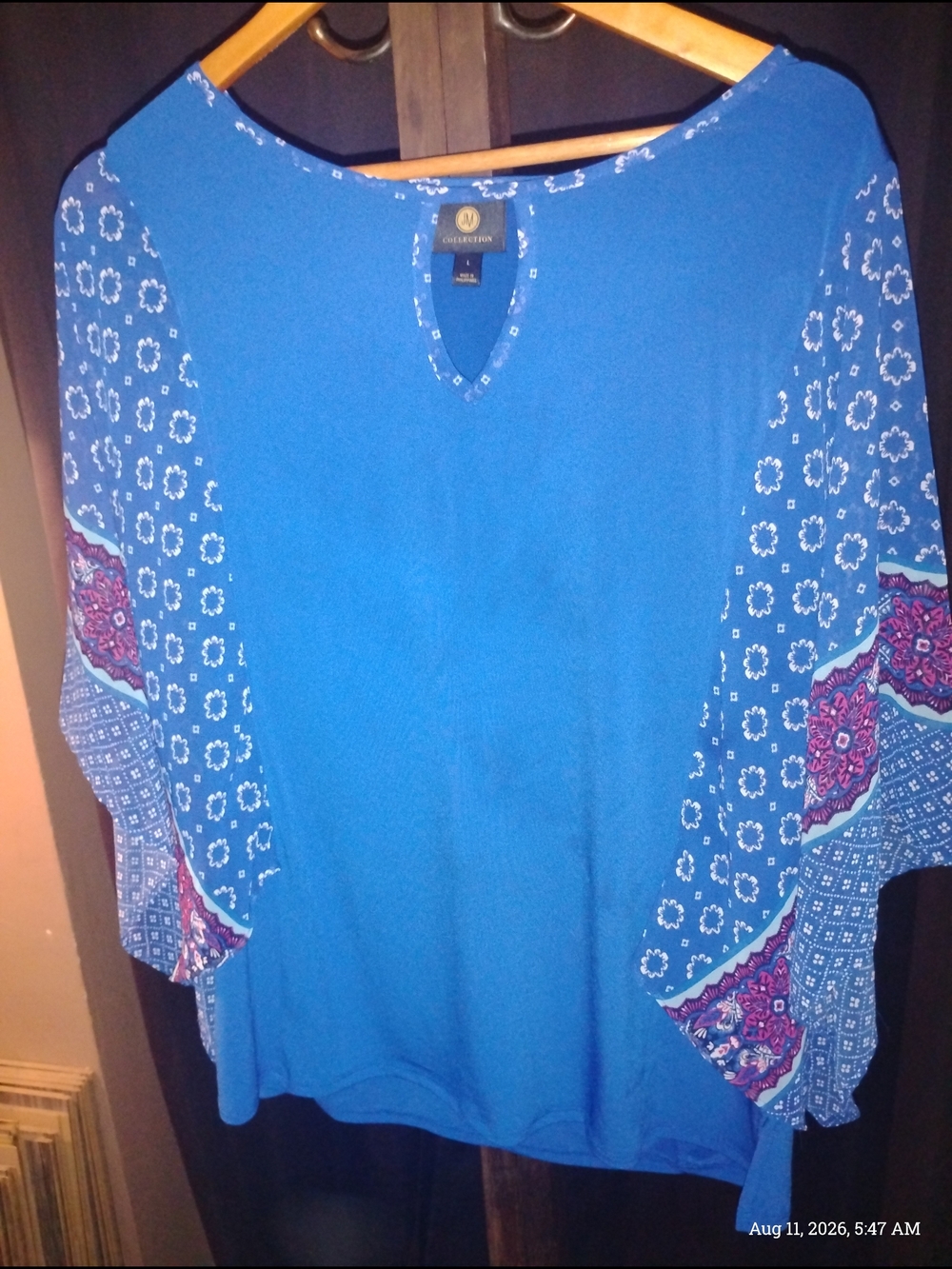 JM Collection Women's Bright Blue Printed Motif Bell-Sleeved Tunic Size: L